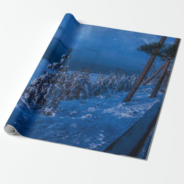 Forest väg under vinternatten presentpapper (Utrullad)