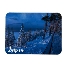 Forest väg vid vinternattmagnet magnet