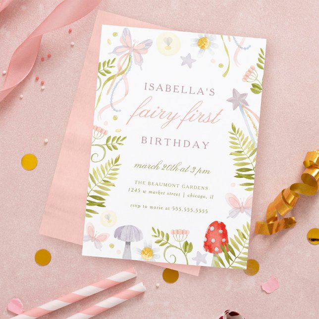 Forest Watercolor Greenery Fairy First Birthday Inbjudningar (Skapare uppladdad)