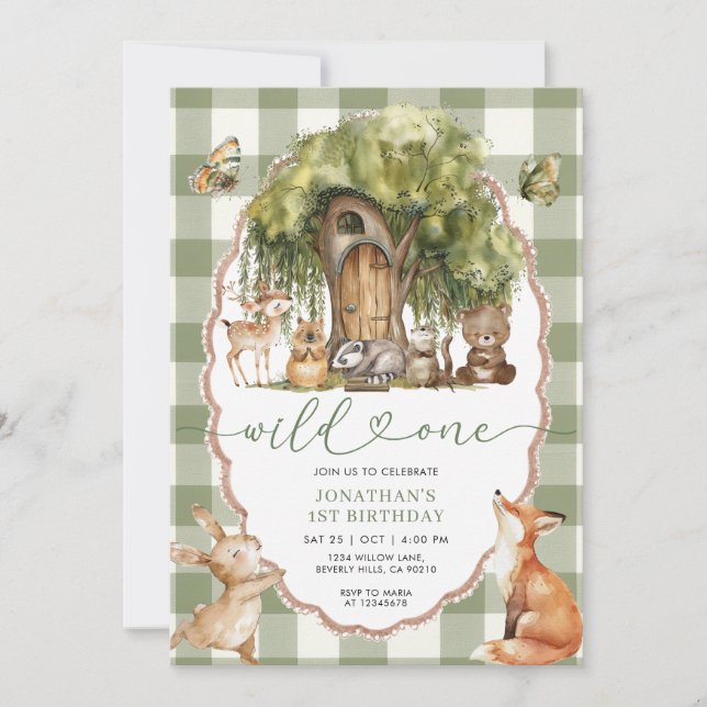 Forest Wild One First Birthday Woodland Animals Inbjudningar (Framsida)
