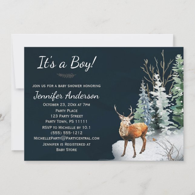 Forest Winter Woodland Hjort Boy Baby Shower Inbjudningar (Framsida)