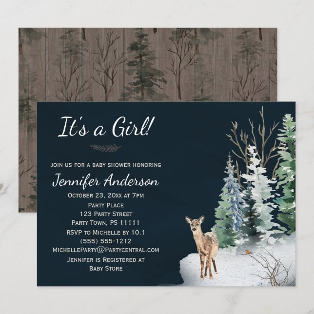 Forest Winter Woodland Hjort Girl Baby Shower Inbjudningar (Fram/baksida)