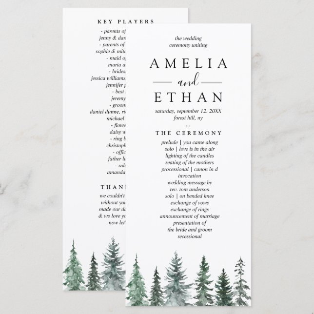 Forest Wintre Watercolor Wedding Program (Fram/baksida)