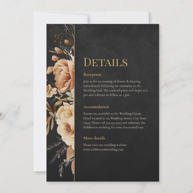 Forest Witch Black Floral Wedding Details Card Inbjudningar (Framsida)