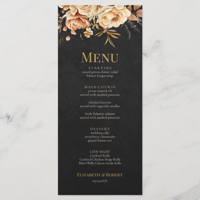 Forest Witch Black Floral Wedding Menu Meny (Framsida)