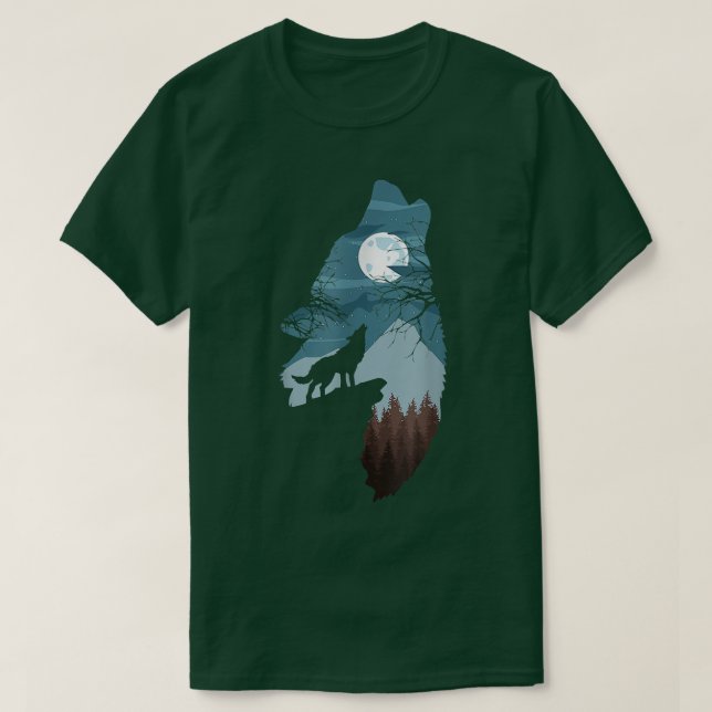 Forest with FullMoon and Howling Wolfvarg hund T Shirt (Design framsida)