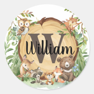 Forest Woodland Animal Monogram Sticker Runt Klistermärke