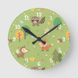 Forest Woodland Animal Mönster Kids Room Decor Rund Klocka