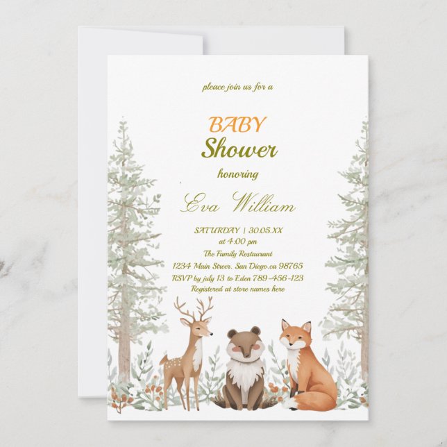 Forest Woodland Animals Baby Shower Invitation Inbjudningar (Framsida)