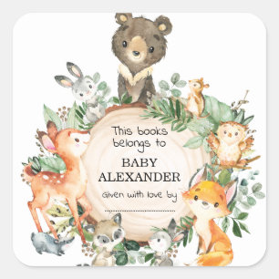 Forest Woodland Animals Boy Baby Shower Bookplate Fyrkantigt Klistermärke