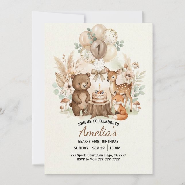 Forest Woodland Animals Wild One Birthday Inbjudningar (Framsida)
