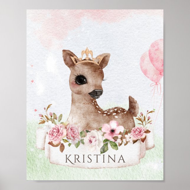 Forest Woodland Flicka Hjort Watercolor Namn Poster (Framsidan)
