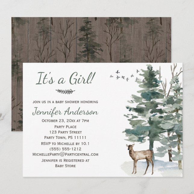 Forest Woodland Land Hjort Doe Girl Baby Shower Inbjudningar (Fram/baksida)