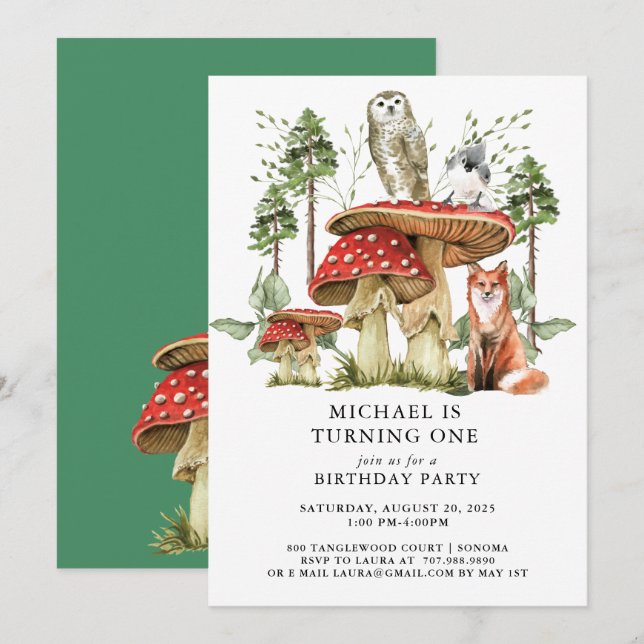 Forest Woodlands Boy First Birthday Inbjudningar (Fram/baksida)