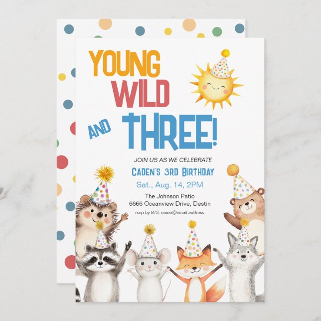 Forest Zoo Animals Party Hats 3rd Birthday Inbjudningar (Fram/baksida)