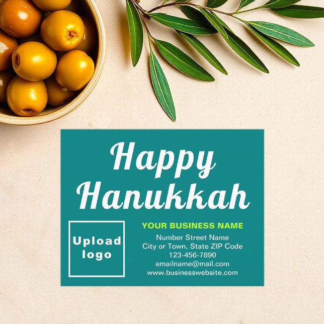 Företag Hanukkah Liten Tealgrön Platt Julkort (Business brand with Hanukkah greeting on teal green flat holiday card)