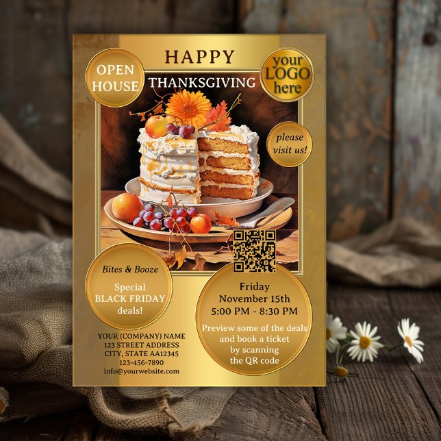 Företag Thanksgiving Black Fredag Open House Inbjudningar (Thanksgiving Black Friday open house invitation featuring a cake with fall flowers and fruits + QR)