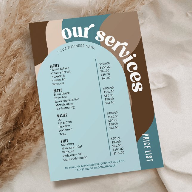 Företagstjänster Neutralter för återföring av Pris (Modern retro style business price list with retro fonts, arch background in light blue + beige)