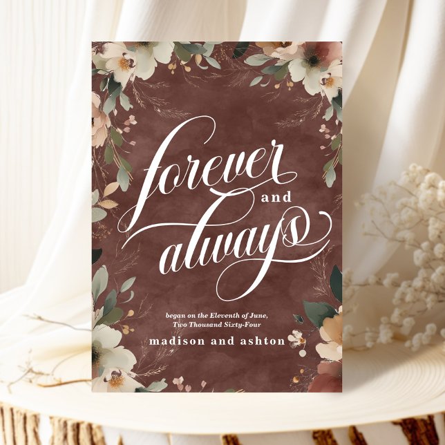 Forever & Alltid Rustic Garnet Blommigt Bröllop Meddelande (Announce your love beautifully with our elegant "Forever and Always" wedding cards.)