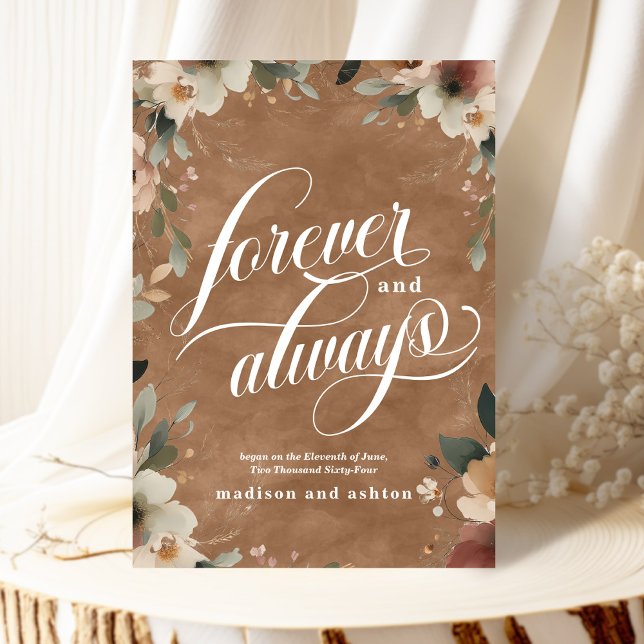 Forever & Always Terracotta Blommigt Bröllop Meddelande (Announce your love beautifully with our elegant "Forever and Always" wedding cards.)