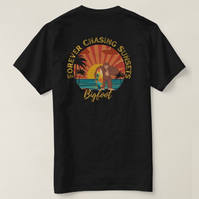 Forever Chasing Sunset Bigfoot Surfing Black T Shirt (Design baksida)