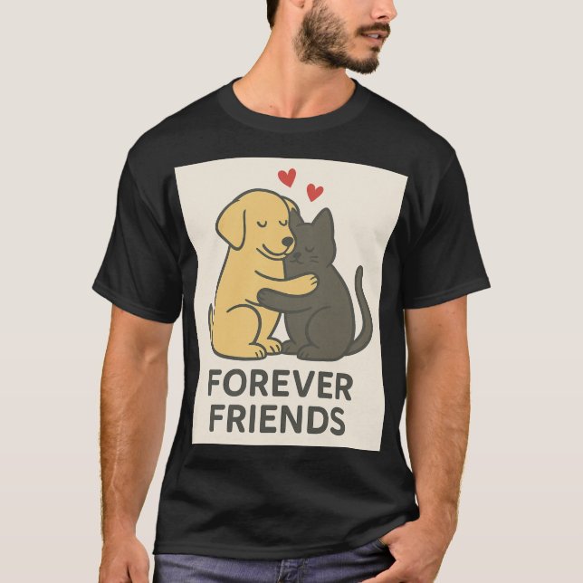 Forever Friends Cat & Dog Hugging T-Shirt | Cute P (Framsida)