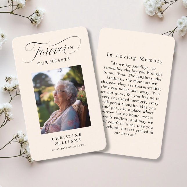 "Forever in our Hearts" Funeral Memorial Prayer Visitkort ("Forever in our Hearts" Funeral Memorial Photo Prayer Card.")