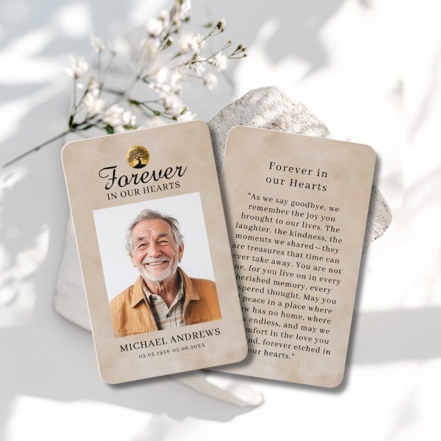 "Forever in our Hearts" Tree of Life Photo Prayer  Visitkort ("Forever in our Hearts" Tree of -Life Photo Prayer Beige Custom Card)