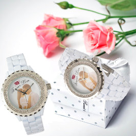 Forever love Röd ros Elegant White Rhinestone Armbandsur
