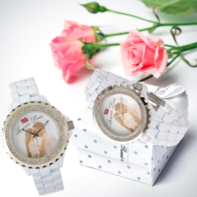 Forever love Röd ros Elegant White Rhinestone Armbandsur (Skapare uppladdad)