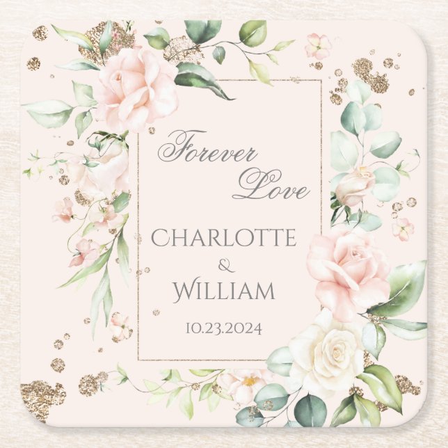 Forever love  vattenfärgen Blommigt Bröllop Underlägg Papper Kvadrat (Framsidan)