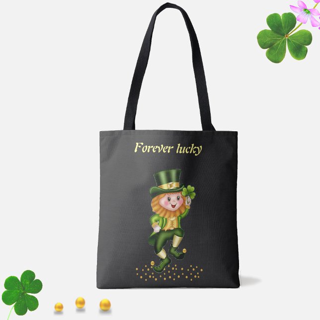 Forever Lucky Grönt Gnome & Guld Confetti på Black Tygkasse (Skapare uppladdad)