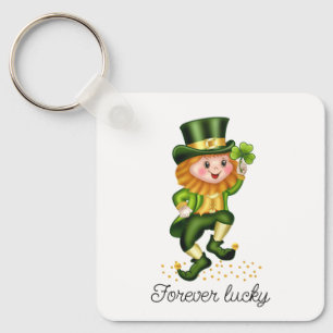 Forever Lucky Grönt Gnome & Monogram på White Keyc Nyckelring