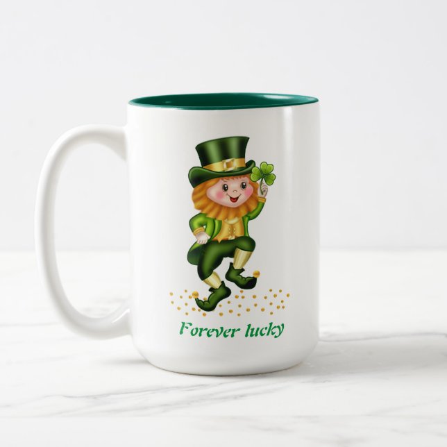 Forever Lucky Grönt Gnome & Monogram Två-Tonad Mugg (Vänster)