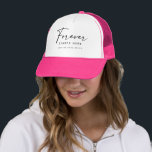 Forever Starts Here | Bride & Bridesmaid Party Keps<br><div class="desc">Mark the beginning of forever with this elegant “Forever Starts Here” hat - a heartfelt keepsake for the bride and her closest friends. With modern black lettering on a clean white front and a vibrant pink brim, it’s perfect for capturing the excitement of your next chapter together. Personalize it with...</div>