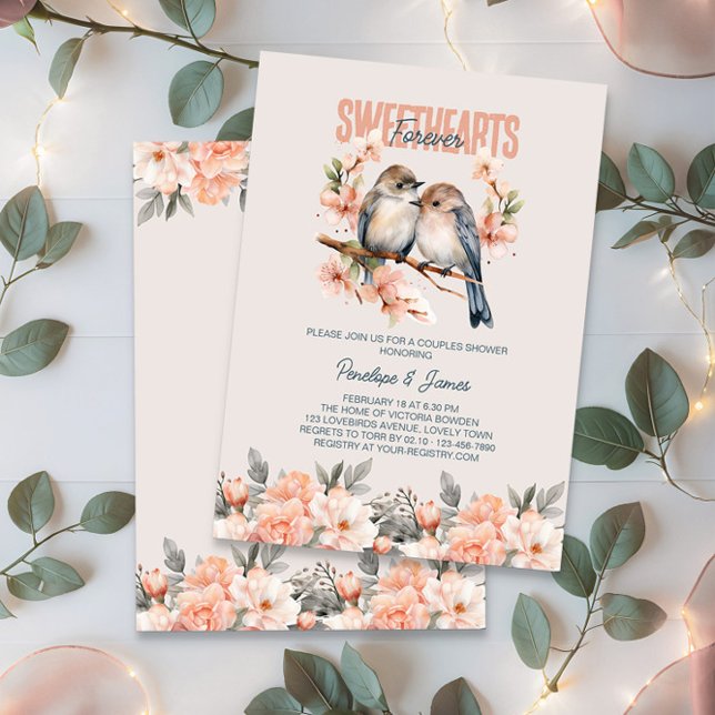Forever Sweethearts Blommigt Lovebird Par Shower Inbjudningar (Bridal Shower invitation from the Valentines Bridal Shower Invitation collection by Darling & May)