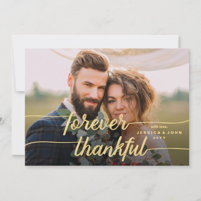 Forever Thankful Guld Calligraphy 2 Photo Bröllop Tack Kort (Framsida)