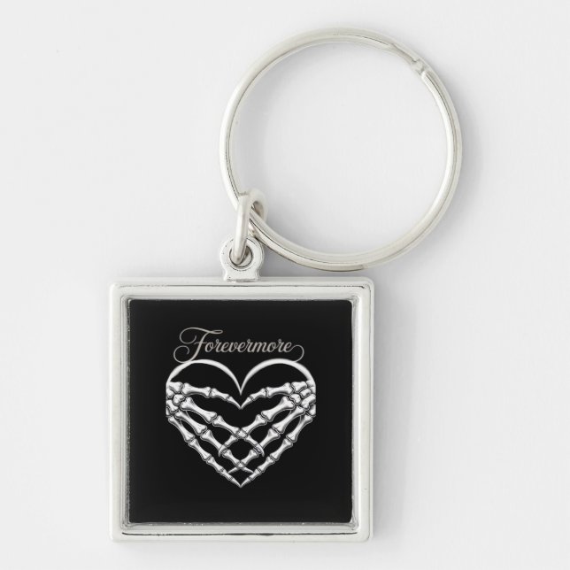 Forevermore Skeleton Händer Heart Gothic Romantik Fyrkantig Silverfärgad Nyckelring (Framsidan)