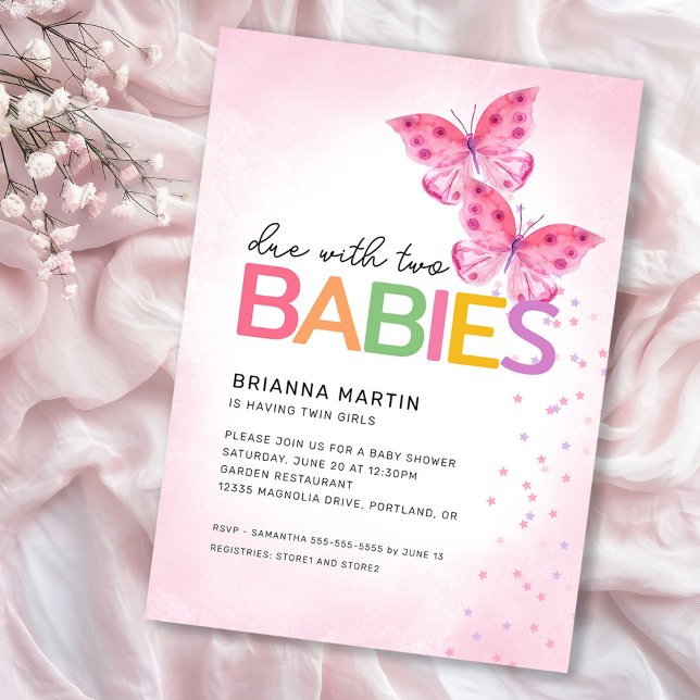 Förfaller med två Rosa Butterflies Twillingars Bab Inbjudningar (Skapare uppladdad)