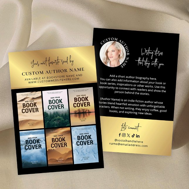 Författarbokserie Foto Collage Svart & Guld Visitkort (Faux gold author bibliography marketing business cards with 6 custom book covers and profile photo)