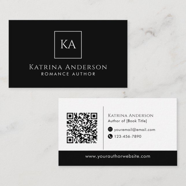 Författare QR-kod Minimal Elegant Svart Varumärke Visitkort (Fram/baksida)