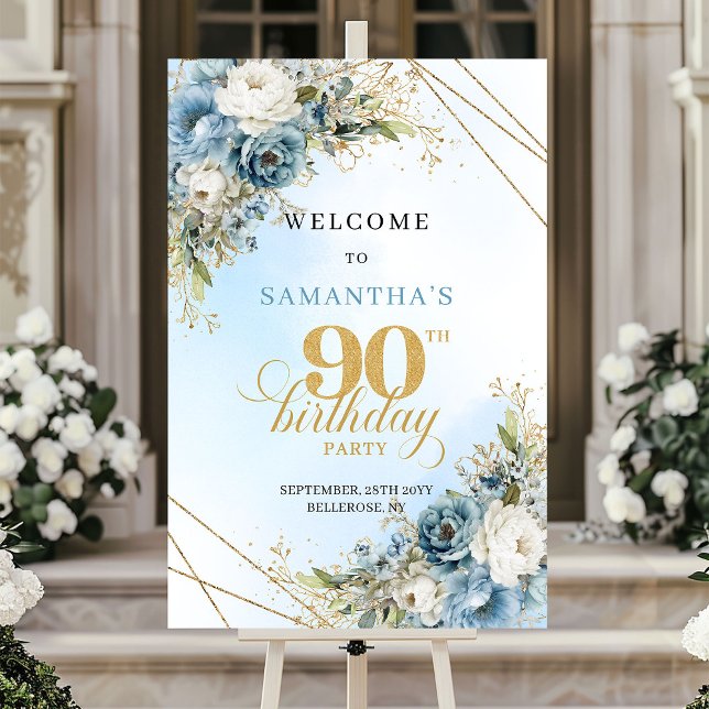 Förfinad akvarell blå blommor guld 90-årsdag poster (Refined watercolor blue florals gold 90th birthday sign

)