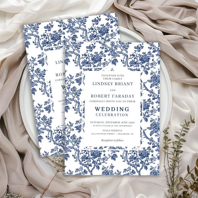 Förfinad blå blommig Toile klassisk bröllopsinbjud Inbjudningar (Refined Blue Floral Toile Classic Wedding Invitation)