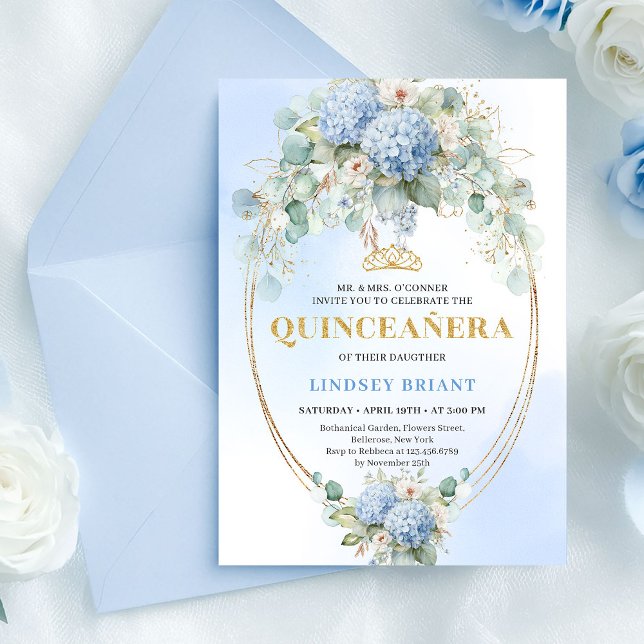 Förfinad Blå Blommor Guld Quinceañera Inbjudan (Refined Blue Flowers Gold Quinceañera Invitation)