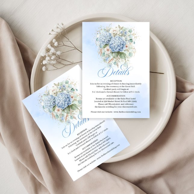 Förfinad blå blomster- och guldbrölloppsdetaljkort OSA kort (Refined Blue Floral Gold Wedding details card)