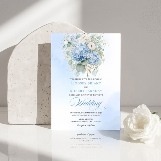 Förfinad blå hortensia blomster guld bröllopsinbju inbjudningar (Refined Blue Hydrangea Floral Gold Wedding Invite)