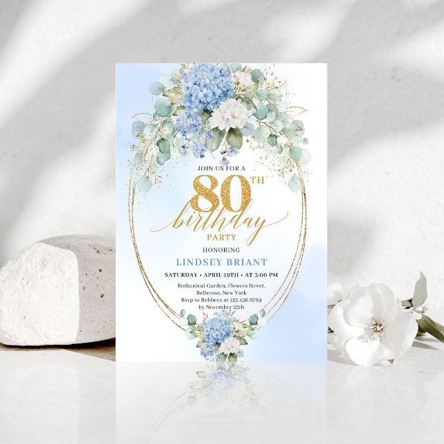 Förfinad Blå Hortensia Guld Blommig 80-årsdag   Inbjudningar (Refined Blue Hydrangea Gold Floral 80th Birthday Invite)