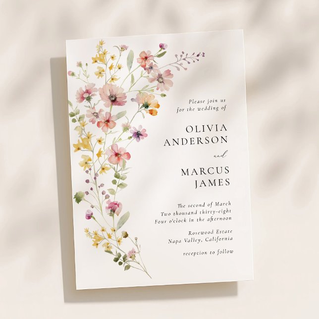 Förfinad Boho äng vildblomma bröllopsinbjudan Inbjudningar (Soft watercolor wildflower wedding invitation with elegant serif typography and airy floral layout)