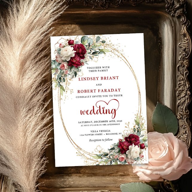 Förfinad burgunder Boho Blommig Bröllopsinbjudan Inbjudningar (Refined Burgundy Boho Floral Wedding Invitation)