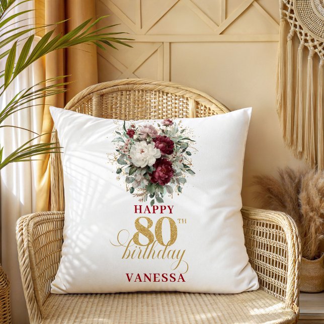 Förfinad Burgundy Rosenskär 80-årsdags Kudd Kudde (Refined Burgundy Blush 80th Birthday Pillow)
